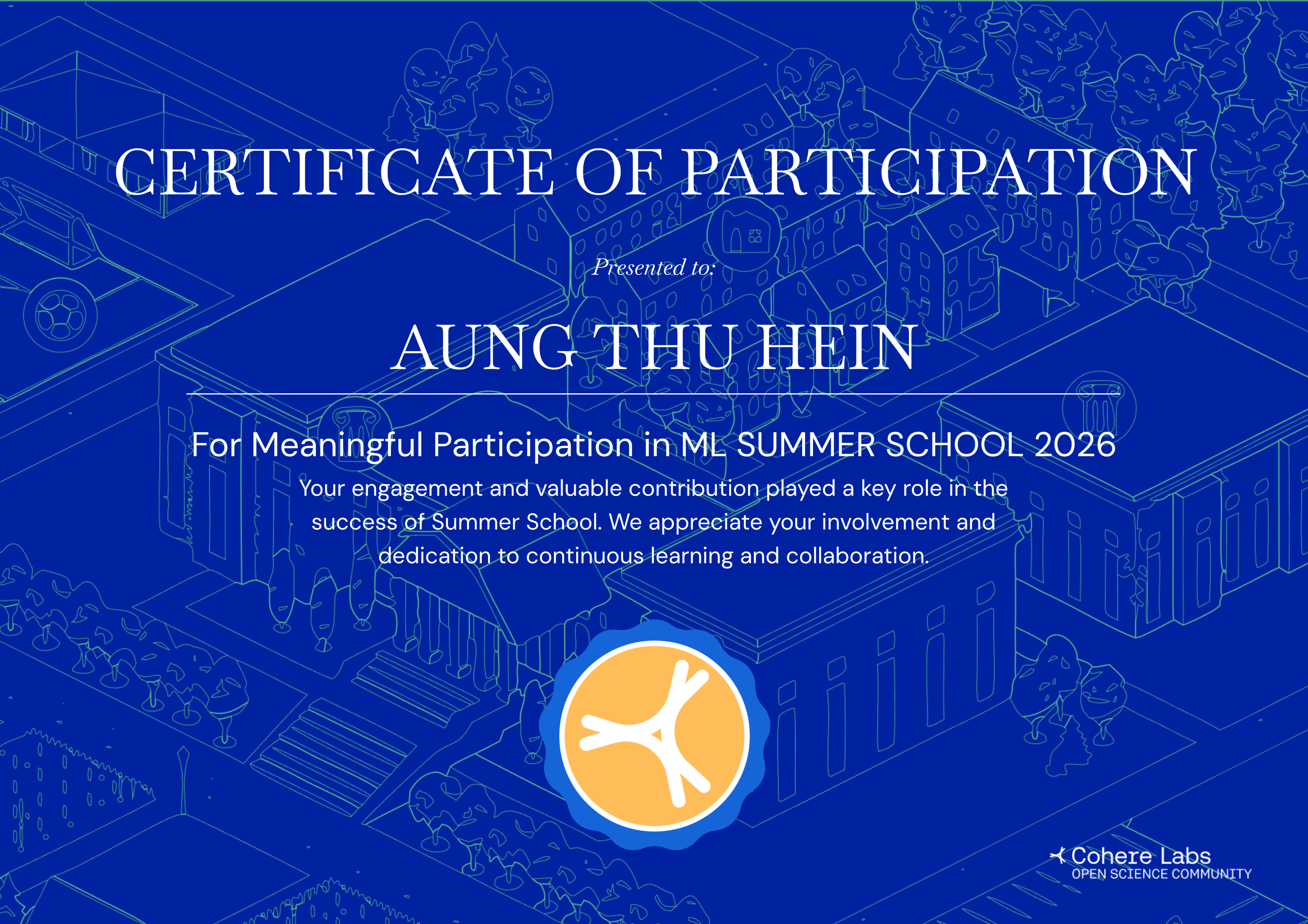 ML Summer School 2026 Certificate of Participation awarded to Aung Thu Hein